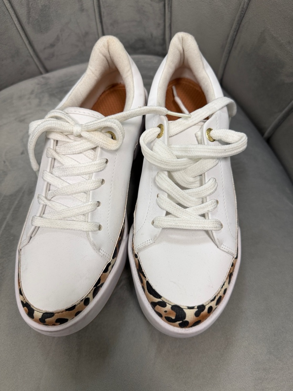 White Women's Lace-Up Sneakers with Leopard Accent